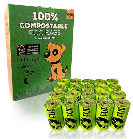 Fur Heads Dog Poo Bags – 240 Compostable & Biodegradable Bags | Extra Thick, Leak-Proof, Unscented & Plastic-Free | Eco Dog Waste Bags | EN13432 Certified & Plant-Based