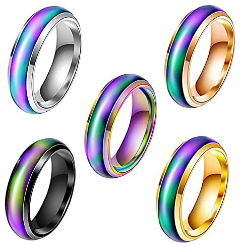 QDDS 5 Stück Regenbogen Ring, Stimmung Ring, Mood Ring, Bunt Edelstahl Farbwechselring für Männer, Frauen, Party, Geburtstag, Valentinstag, Geschenk, Reise (5 Farben)