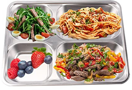 TaoYu Plateau divisé en Acier Inoxydable | Assiette divisée en Acier Inoxydable à 4 Compartiments - Plateaux à Compartiments de Grande Taille pour Les déjeuners