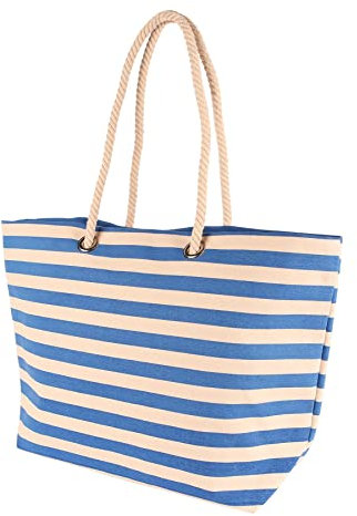 Nicola Spring Striped Canvas Tote Beach Bag - Deep Ocean - 55 x 36cm - Large Reusable Casual Travel Shoulder Shopping Bag Grocery Carry Cloth Bag