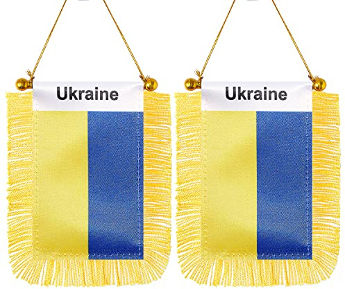 CANTENDO Ukraine-Flagge zum Aufhängen, Mini-Ukrainische Auto-Flagge mit Stange, Quaste, Saugnapf, Rückspiegel-Dekoration, 7,6 x 12,7 cm, 2 Stück