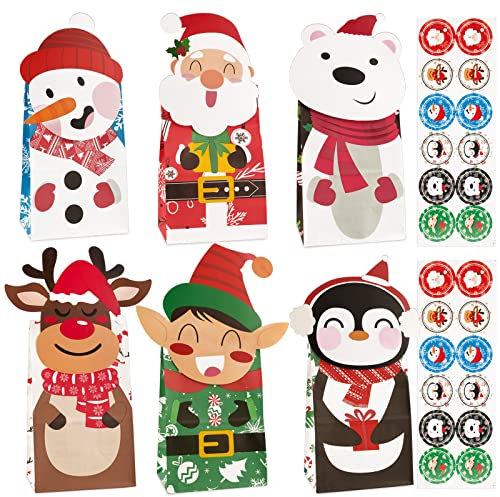 FLOFIA Geschenktüten Weihnachten 24 Stück Adventskalender Tüten zum Befüllen Geschenkbeutel Papiertüten mit Weihnachtsaufkleber Weihnachtsmann Schneemann Eisbär X-Mas Tütchen