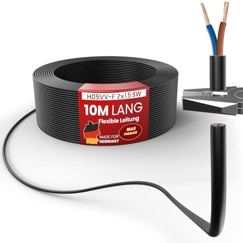 MAS Premium Von 5 bis 100m Kunststoffschlauchleitung H05VV-F 2, 3, 4 oder 5 x0,75; x1; x1,5 oder x2,5 Flexible Leitung Kabel Leitung Gerätekabel (H05VV-F 2x1,5 SW, 10m)
