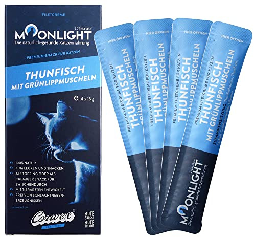 Moonlight Filetcreme mit Thunfisch – 100 % Natur-Katzensnack mit Superfoods - 4x15g Schlecksticks für Katzen - Getreidefrei, ohne Zucker & vom Tierarzt empfohlen - Premium Ergänzungsfutter