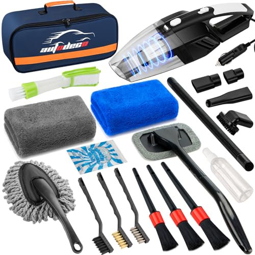 AUTODECO Kit de Nettoyage de Voiture, kit de Nettoyage de détails intérieurs avec aspirateur à Main Haute Puissance, Ensemble de brosses, Outil pour Pare-Brise, Gel, plumeau, Serviettes, Outils