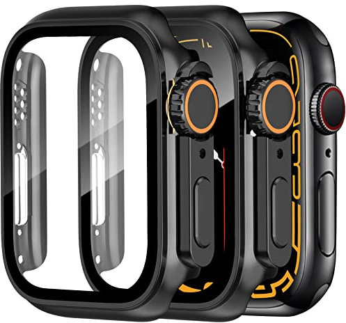 Dilhvy 2 Stück Hülle für Apple Watch Displayschutz Series 9 8 7 45mm 【Apple Watch Ultra Style Case】, iWatch Schutzhülle Bumper Einzigartiges Design mit Glas Displayschutzfolie für Damen und Herren