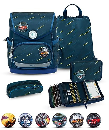 Belmil Premium Compact Plus ergonomisches Schulranzen Set 5 - teilig, AGR, Brustgurt, Hüftgurt, Magnetverschluss (405-41/P/S) (Orion Blue)