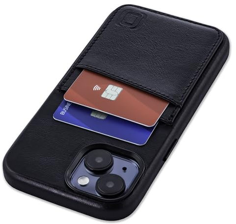 Dockem Genuine Leather Card Case for iPhone 15 with Built-in Metal Plate for Magnetic Mounting, Stitched-on Wallet with 2 Credit Card Pockets (Black, M2GL)