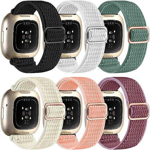 chinbersky 6 Stück Verstellbares Dehnen Nylon Sport Armband Kompatibel mit Fitbit Versa 3 Armband/Fitbit Versa 4 Armband/Fitbit Sense Armband Damen Herren