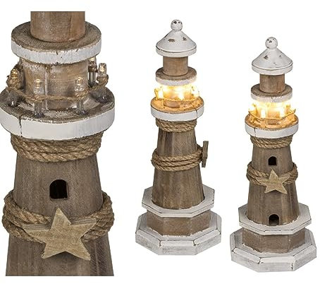 ReWu Holz-Leuchturm mit 7 warmweißen LED, ca. 11 x 30 cm, für 2 Mignon Batterien (AA)