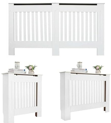 Radiator Cover White, Large Radiator Shelf Tall Radiator Cover Vertical Slatted Grill Cabinet Shelf Modern Radiator Covers MDF Wood Cabinet Shelf Heating Covers for Living Room Hallway (Small, White)