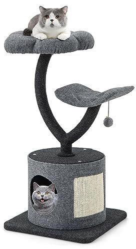 COSTWAY 88cm Kratzbaum klein, Katzenbaum mit Katzenhöhle & Kratzbrett & 2 Liegeflächen & Ball, Kletterbaum mit gebogenem Metallrahmen, Katzenkratzbaum Holz Spielbaum, Katzenmöbel für Katzen, Grau