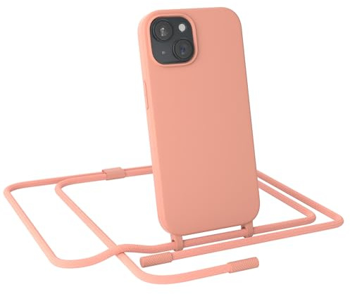EAZY CASE - Handykette kompatibel mit iPhone 15 - dünne Handyhülle Hülle mit Band als Fallschutz Kette zum Umhängen stoßeste Hülle Silikon mit Mikrofaser in Korall