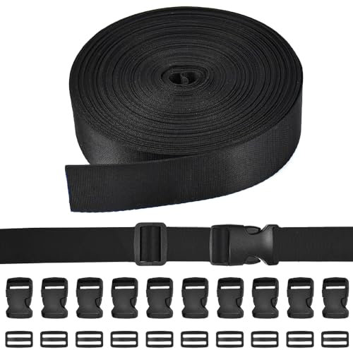 SLTAXAR Sangle Nylon 5m*25mm, Sangle Nylon 25mm Noir Boucle Plastique Clip Clips Boucle en Plastique Boucle Attache Rapide Fermeture Clip pour Mallettes de Transport, Colliers pour Chiens