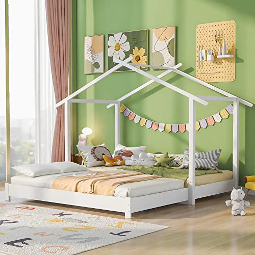 Hausbett 90/180 x 190cm Holz Kinderbett für Jungen & Mädchen Massivholz Kinder Bett umbaubar Bodenbett mit Lattenrost weiß