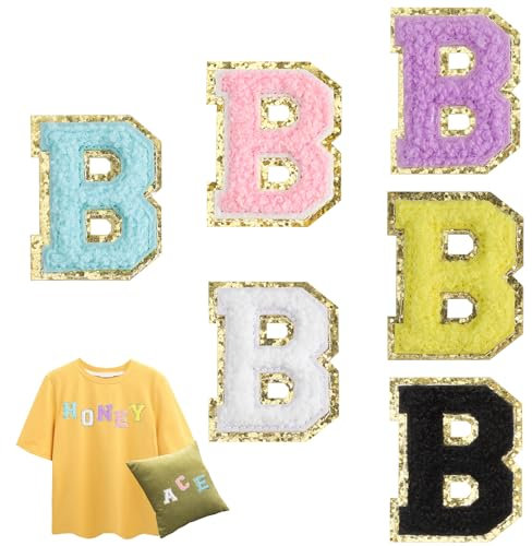 DAJISI 6PCS Chenille Letter Patches, Iron On, Self-Adhesive, 3D Chenille Letter Patches with Gold Sequins for Clothes, Hat, Backpacks, Phone
