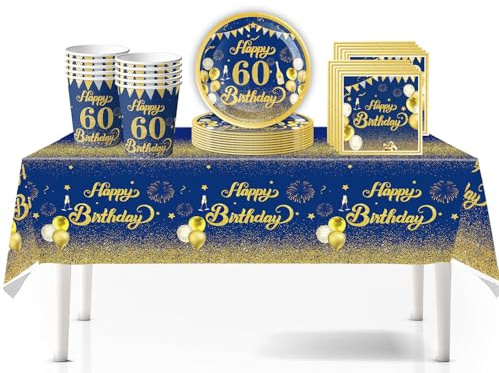 41Pcs Navy Blue Gold Happy 60th Birthday Party Tableware Plastic Table Cloth,7inch Paper Plates,Cups,Napkins for Man Women Birthday Decorations Disposable Party Tableware Set for 60th Birthday Party