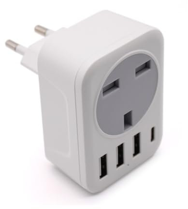 AJP UK to European Plug 15W Adapter EU Plug Adapter with 3 USB Ports and 1 TYPE C,Grounded EU Europe Power Charger for Germany Spain France Turkey Greece Iceland Poland and More(Type E/F (1 PACK)