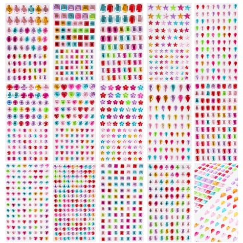 Buylorco 1200+pcs Self Adhesive Gem Stickers Gemstone Rhinestone Sticker Sticky Gem Stickers Stick on Gem for Craft DIY, 14 Sheets, Multiple Colors, Sizes, and Shapes