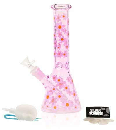 Retro Daisy Glass Bong – Pink Beaker Ice Bong with 14mm Bowl Piece, Cute Glass Water Pipe for Smoking Herb or Dab – 26.5cm Bong Rig with Ice Catcher