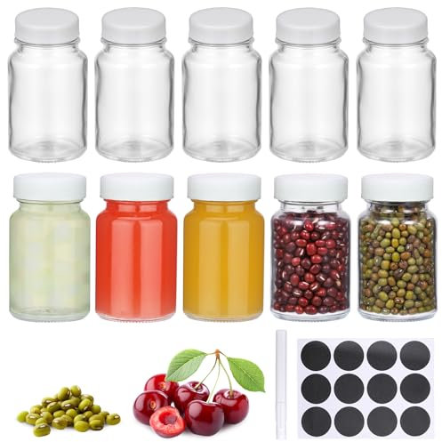 Hejo 10 Pcs Glass Shot Bottles with Lids, 60 ml Juice Shot Bottle with Labels, Reusable Mini Ginger Shot with Wide Mouth, Small Jars with Lids for Oils, Sauce, Milk (White Lid)