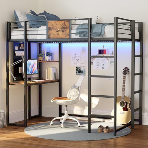 LIKIMIO Double Metal Loft Bed with Desk and Shelves for Teens and Adults, Mezzanine Bed Frame with 2 Built-in Ladders, Power Socket and LED Lighting, Space Saving