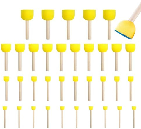 STIFFENERS 35Pcs Paint Sponges, Round Sponge Brushes for Painting Foam Paint Brush Set Paint Sponges Wooden Handle Foam Brush Paint Tools Graffiti Watercolours Supplies (4 Sizes)