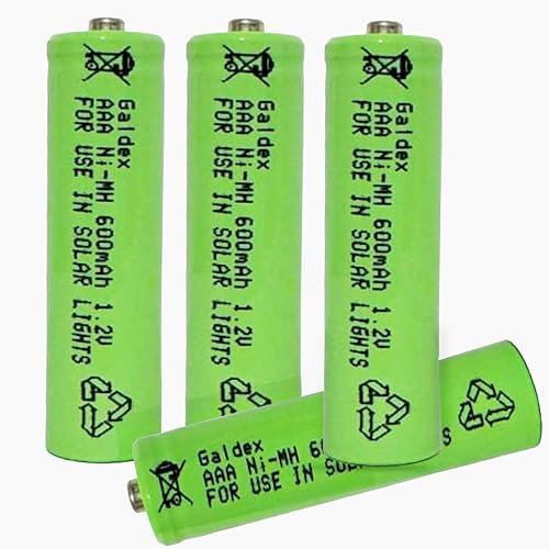 Galdex 4 Pack AAA Rechargeable Solar Light Batteries 1.2V 600mAh Ni-MH Pre-Charged Double A Solar Battery for Indoor Outdoors use in Garden Lawn Lamps, String Lights (AAA 600mAh, 4 Pack)
