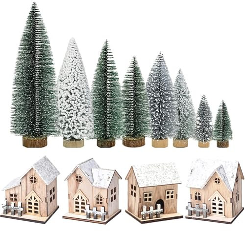 12 piezas/conjuntos de aldeas navideñas, 4 piezas de blanco en la nieve casas de Navidad con 8 piezas de navidad iluminadas casas de pueblo de Navidad decoración rústica para la mesa de la casa, alde