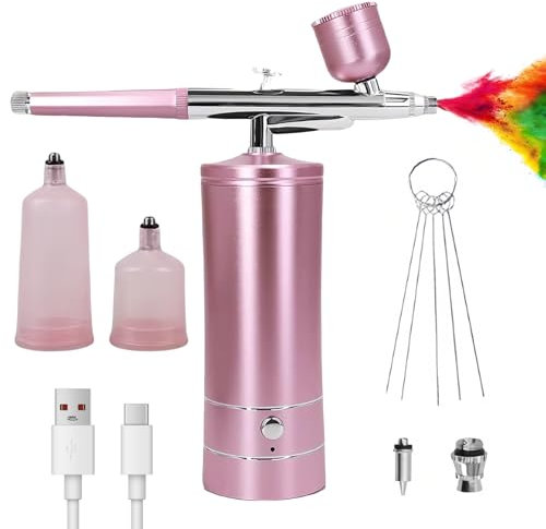 GOEDCH Kit Aérographe Multi Fonctions avec Compresseur: Kit Aérographe Sans Fil avec Compresseur d'air, Brosse à Air Rechargeable pour Nail Art, Décoration de Gâteau, Modélisation de Tatouage (Rose)