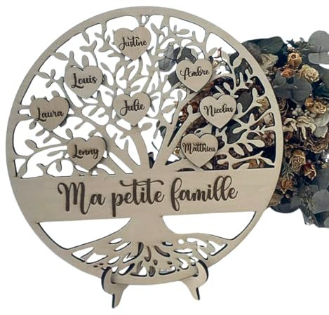 Arbre de vie personnalisé en bois max. 20 prénoms, Décoration murale ou à poser, décoration intérieur,fleur vie sacrée,anniversaire,noël baptême mariage mandala Saint Valentin (24cm de diamètre)