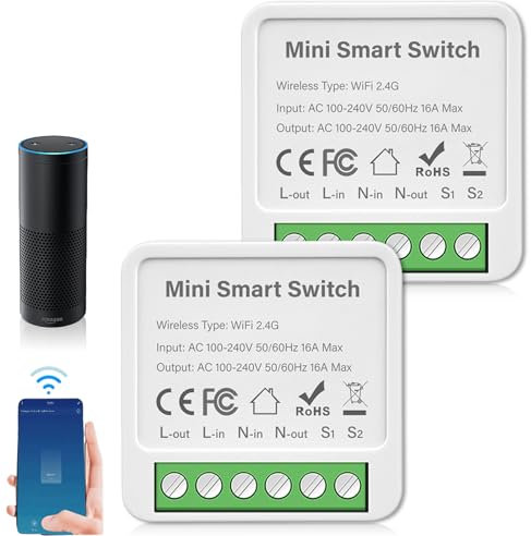 2 interruttori della luce intelligenti modulo a 2 vie, interruttore Smart Life, WLAN Mini interruttore fai da te, modulo relè intelligente, compatibile con Google Assistant e Alexa, neutro richiesto