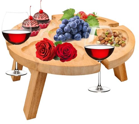Fonyet Mesa de picnic plegable de madera, mesa de vino portátil para picnic al aire libre con soporte para copas de vino tinto y plato de dimsum, mesa de vino plegable para jardín, viajes, camping