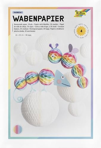 folia 461-77 - Wabenpapier RAINBOW, 21 x 33 cm, Bastelpapier mit Wabenstruktur in 4 Farben, 30-lagig, zum Gestalten bunter Waben Deko
