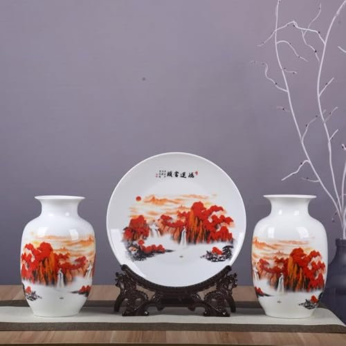 Set di vasi e piatti in ceramica tradizionale cinese, design con paesaggio di montagna rossa, porcellana bianca, set decorativo da 3 pezzi