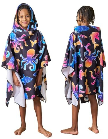 Dreamscene Poncho Towels for Kids, Soft Absorbent Neon Sea Life Print Oversized Beach Changing Robe for Bath Pool Travel Quick Dry Lightweight Boys Girls Hooded Swimming Towels, Black