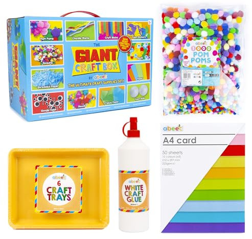 abeec Ultimate Kids' Craft Bundle | 1000-Piece Giant Craft Box | 6 Stackable Art Trays | 1000 Assorted Pom Poms | 500ml Clear Craft Glue | 50 Sheets A4 Coloured Card