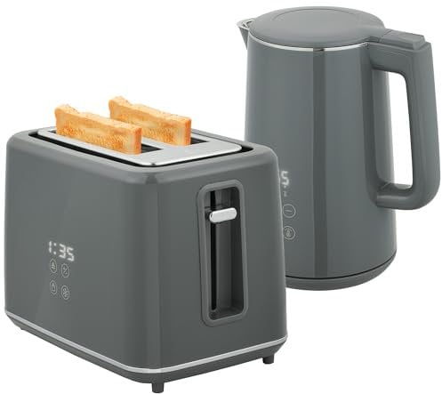 HOMCOM Digital Kettle and Toaster Set, 1.5L 3000W Fast Boil Kettle, 2 Slice Toaster Kitchen Set with 7 Level Browning Controls, Defrost, Reheat, Keep Warm, Crumb Tray and LED Touch Display, Grey