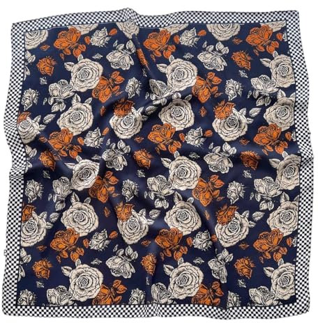 GIMIRO Frauen 70x70cm Schal Simulierte Seide Elegantes Damen Halstuch, Navy-Blau mit Weiß-Orange Rosen, Schachbrettmuster-Rand, Quadratisch (Navy Black Plaid White Orange Rose FJ931-3)