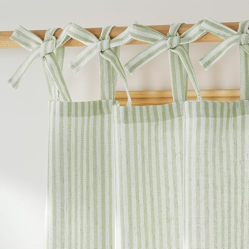 NICETOWN Sage Green Linen Bedroom Curtains 84 inches Long Striped, Tie Top Light Filtering Curtains Semi Sheer Linen Weave Window Drapes Privacy for Farmhouse, W52 x L84, 2 Panels