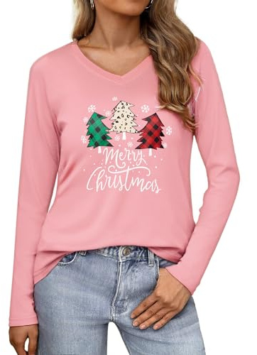 Wayleb T-Shirts de Noël pour Femme Manches Longues Col Rond Haut Tunique Tops Coton avec Motif de Noël S-3XL