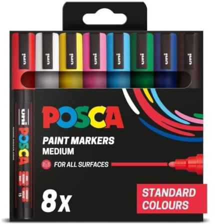 Posca - Standard PC-5M Acrylic Paint Pens (8pc), Multisurface Water Based Markers Ideal for Rock Painting, Canvas, Glass, Wood, Metal, Fabric, Colouring, Arts and Crafts