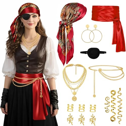 Singtis Piratenkostüm Damen Zubehör Set 16-teilig – Piraten Kostüm Frauen mit Kopftuch, Augenklappe, Ohrringen, Halskette, Taillenkette & Haarschmuck für Karneval, Fasching & Cosplay