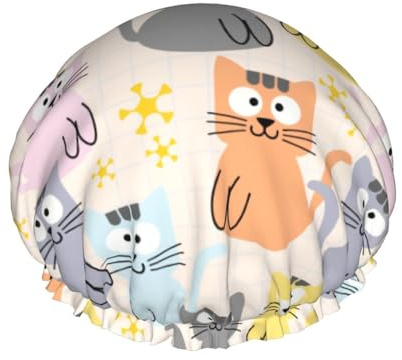 Cute Cat Pattern Shower Cap Reusable Double Waterproof Layers Bathing Shower Hat Hair Protection Shower Hat