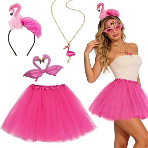 Carreuty 4 Stück Karneval Flamingo Kostüm Set für Erwachsene, Flamingo Kostüm Damen mit Haarreif Pinker Tüllrock Brille Accessoire Halskette für Hawaii Kostüm Fasching Halloween Cosplay Weltbuchtag