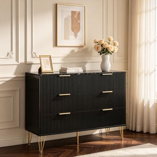 Wumagin Kommode mit 6 Schubladen aus Massivholz, Moderne Komodenschrank 100 cm Breit aus Gerilltem, Chest of Drawers mit Goldenen Griffen, Schrank mit Marmorimitat für den Flur (Schwarz)