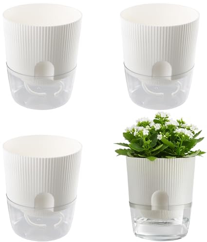 Samlonge 4 Pièces Pot de Fleur Interieur, Pot de Fleur Plastique avec Système D'arrosage Automatique, 14,5cm Pots avec Quatre Cordes D'irrigation, Idéal pour la Cuisine, Le Rebord de Fenêtre - Blanc