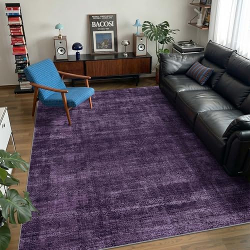 Kokia Abstrakter Teppich 160x230 cm Lila Kurzflor fürs Wohnzimmer | Maschinenwaschbar, Rutschfest und weich, in Lila fürs Schlafzimmer, Büro und den Farmhouse-Stil