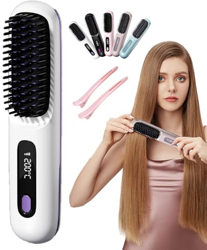 Tinuos Styling Bürste, Volumenbürste für Kurzes Haar, Elektrische Haarbürste Kabellos, 5s-Schnellheizung, Dreistufige Temperatureinstellung, Haarpflege mit Keramikbeschichtung (Weiß)