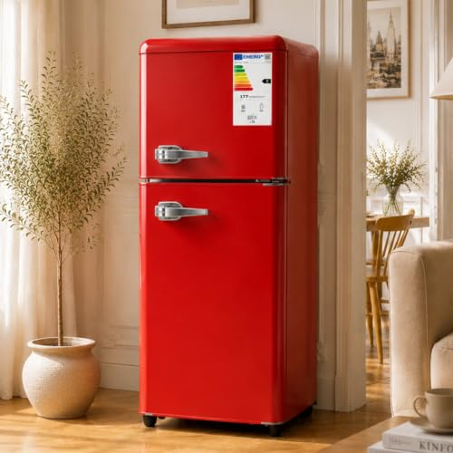 KOMHTOM Réfrigérateur à 2 Porte, Petit Frigo, Réglage de La Température à 7 Niveaux, Classe E, éclairage LED, étagères Réglables, pour Cuisine et Salon (Rouge, 112L)